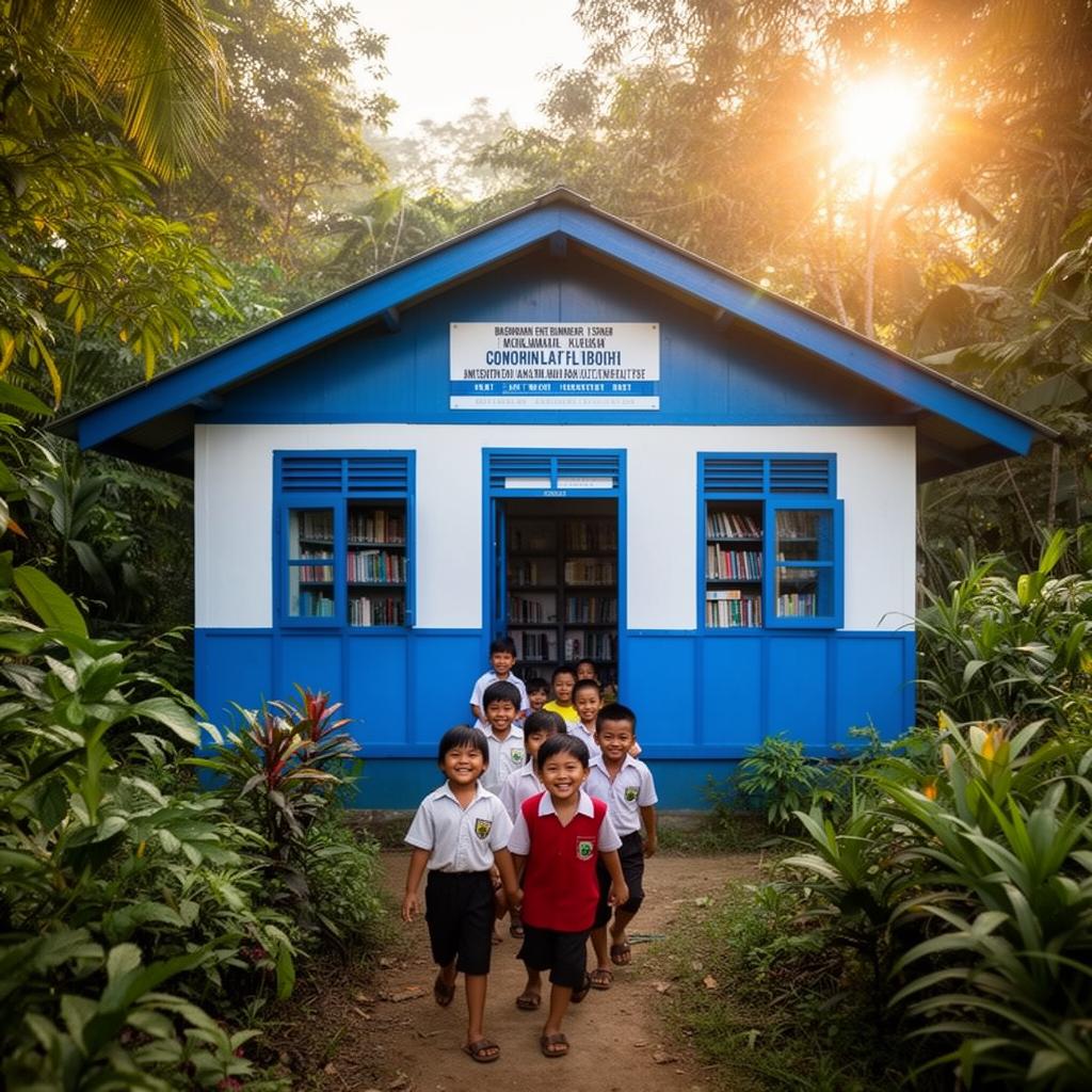 A vibrant blue and white community resource center surrounded by greenery with smiling children outside