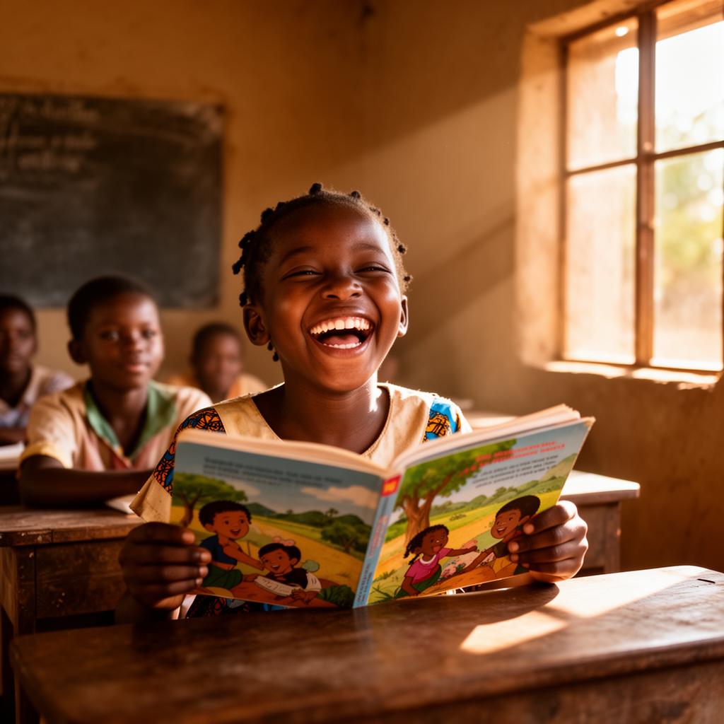 A young girl laughing while reading a picture book in a sunlit rural classroom
