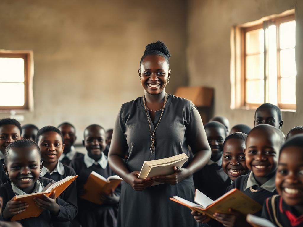 African teacher with students in a classroom